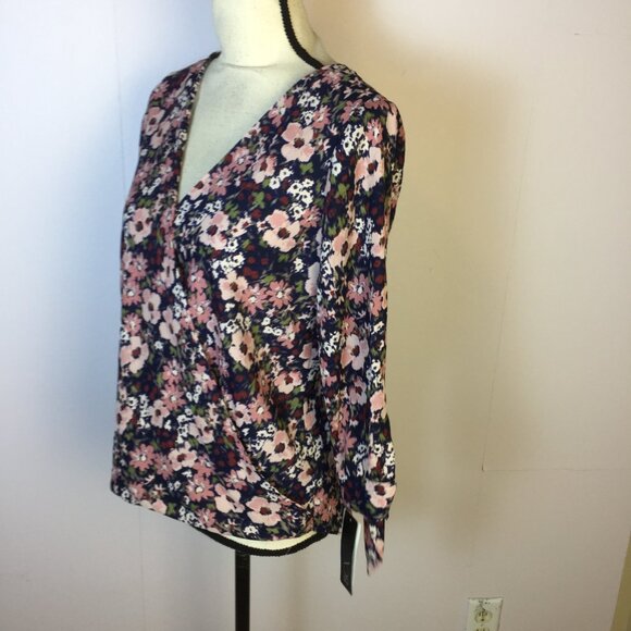 New! BCX Surplice Wrap Blouse Top S Woman's Blue Pink Floral 3/4 Tie Sleeve - Picture 2 of 16